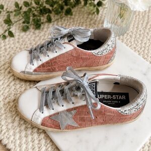 Golden Goose Super-Star Pink Croc Embossed Suede Glitter Sneakers EU 39 US 8.5